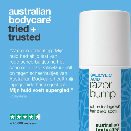 Blauw-witte roll-on met tekst 'SALICYLIC ACID razor bump' en 'australian bodycare'. Bevat klantbeoordeling met 5 sterren en 45.000+ reviews.