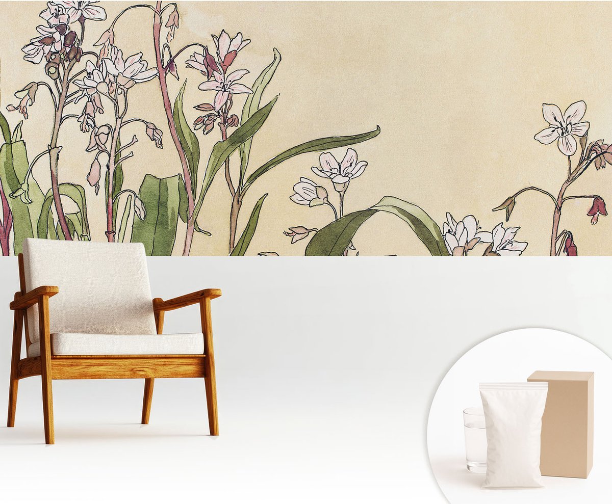 Wallfluent Fotobehang - Wit Vliesbehang - 250x104 cm - Bloemige Elegantie Muurschildering - Slaapkamer behang Bloemen En Planten - Fotobehang Vlies - Slaapkamer behang