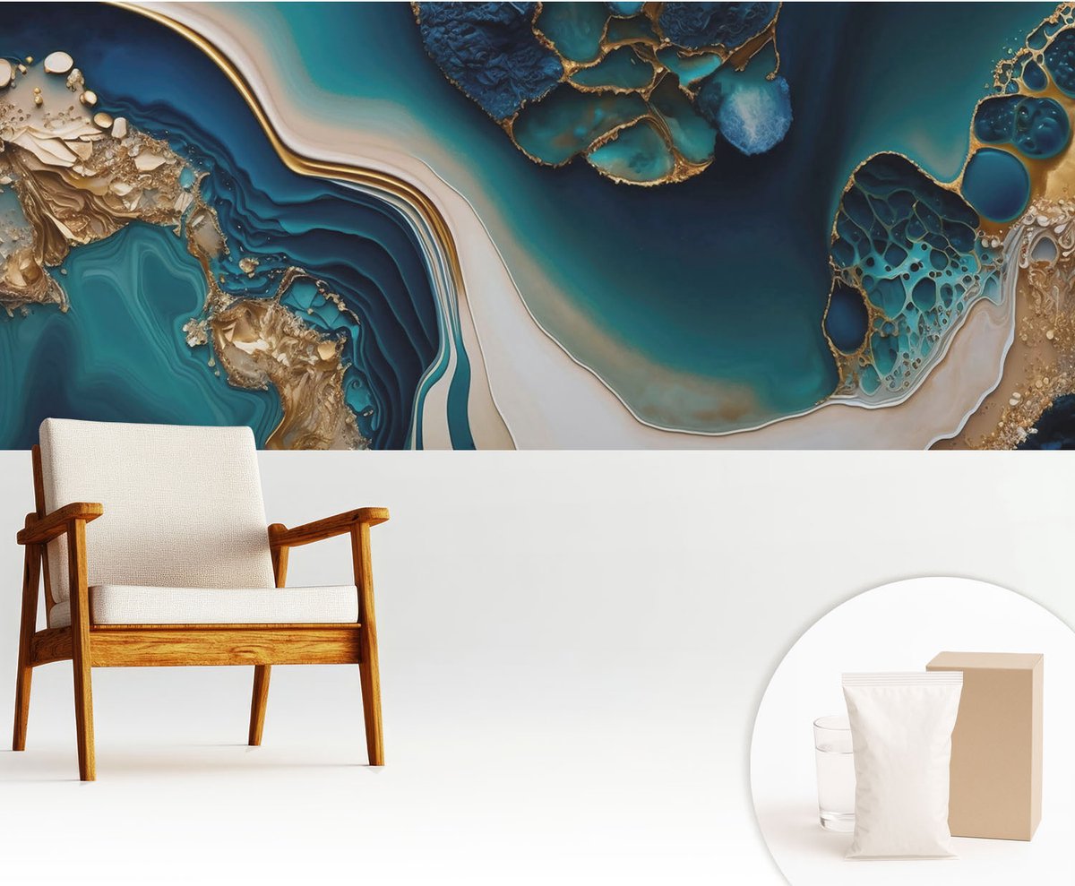 Wallfluent Fotobehang - Turkoois Vliesbehang - 250x104 cm - Kleurrijke Abstractie Fotobehang Vlies - Hal behang Abstractie - Muurschildering - Woonkamer behang