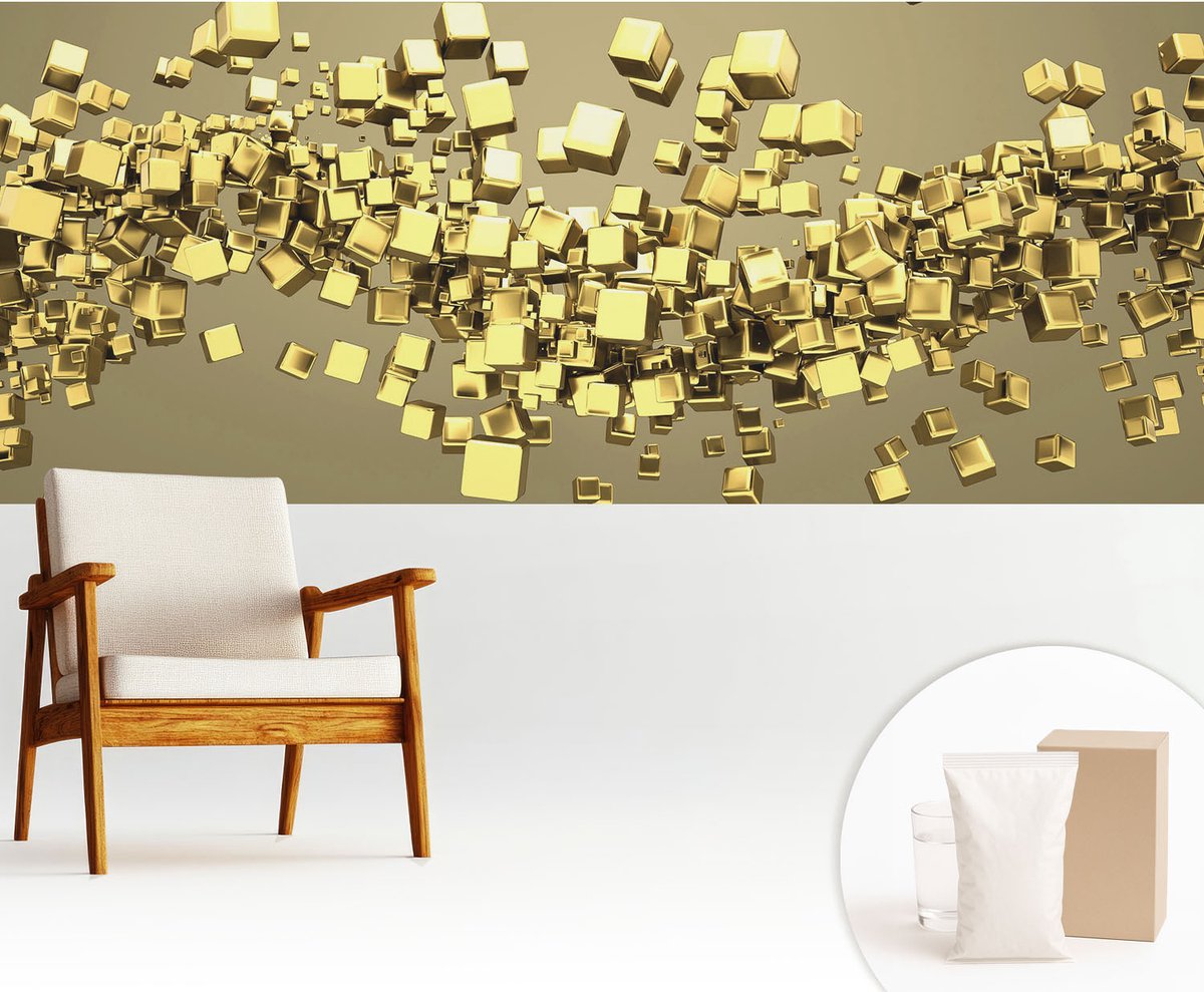 Wallfluent Fotobehang - Geel Vliesbehang - 250x104 cm - Creatieve Kubussen Fotobehang Vlies - Hal behang Abstractie - Muurschildering - Woonkamer behang