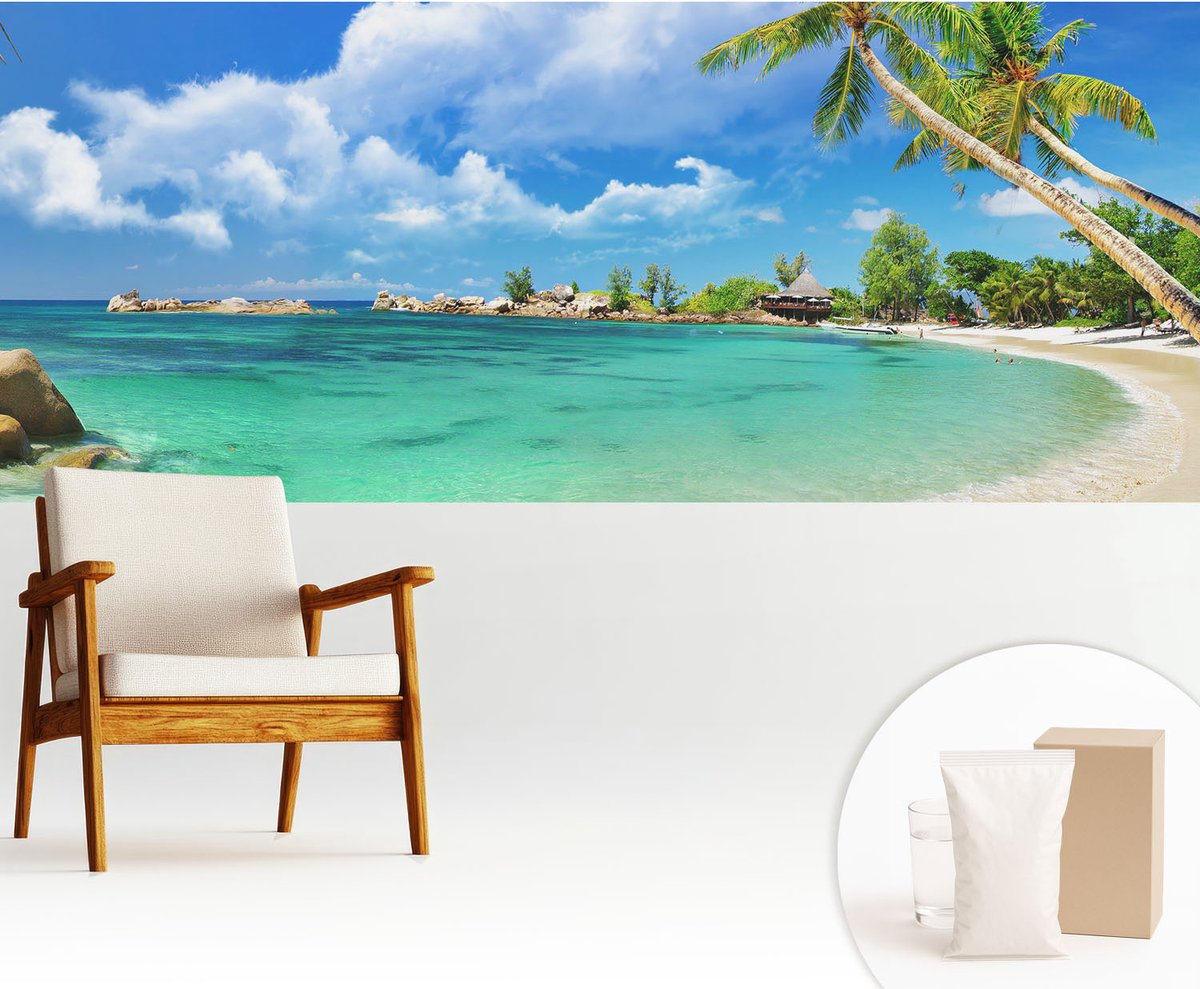 Wallfluent Fotobehang - Blauw Vliesbehang - 250x104 cm - Tropisch Paradijs Fotobehang Vlies - Woonkamer behang Landschappen - Muurschildering - Woonkamer behang