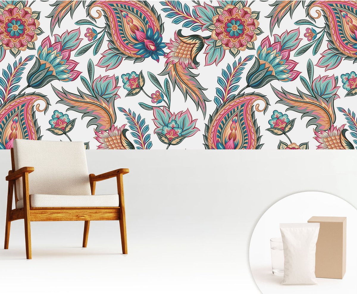 Wallfluent Fotobehang - Wit Vliesbehang - 250x104 cm - Oosters Patroon Muurschildering - Slaapkamer behang Achtergronden En Patronen - Fotobehang Vlies - Gang behang