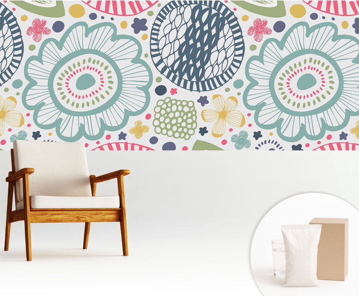 Wallfluent Fotobehang - Blauw Vliesbehang - 250x104 cm - Bloemmotieven Fotobehang Vlies - Hal behang Bloemen En Planten - Muurschildering - Woonkamer behang