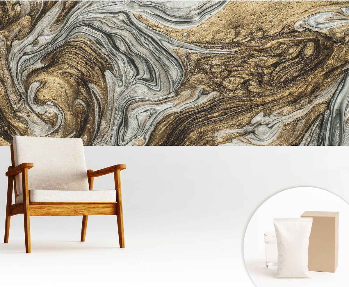 Wallfluent Fotobehang - Grijs Vliesbehang - 250x104 cm - Abstracte Wervelingen Muurschildering - Slaapkamer behang Abstractie - Fotobehang Vlies - Slaapkamer behang