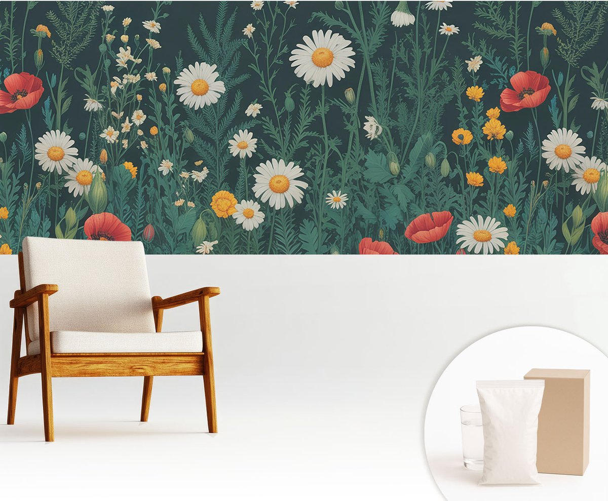 Wallfluent Fotobehang - Groente Vliesbehang - 250x104 cm - Wilde Bloemen Fotobehang Vlies - Hal behang Bloemen En Planten - Muurschildering - Woonkamer behang