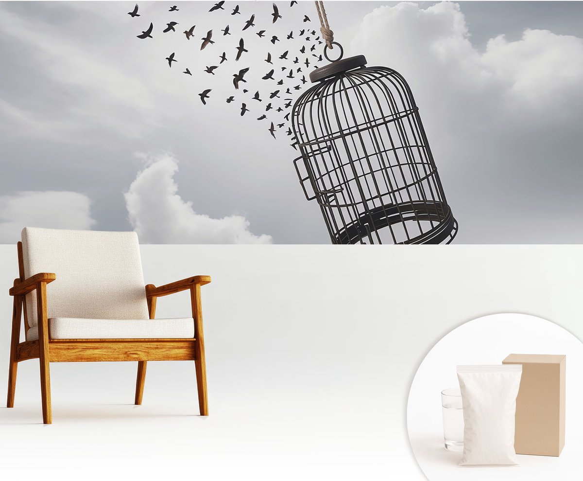 Wallfluent Fotobehang - Wit Vliesbehang - 250x104 cm - Vliegende Vogels Muurschildering - Gang behang Dieren - Fotobehang Vlies - Slaapkamer behang