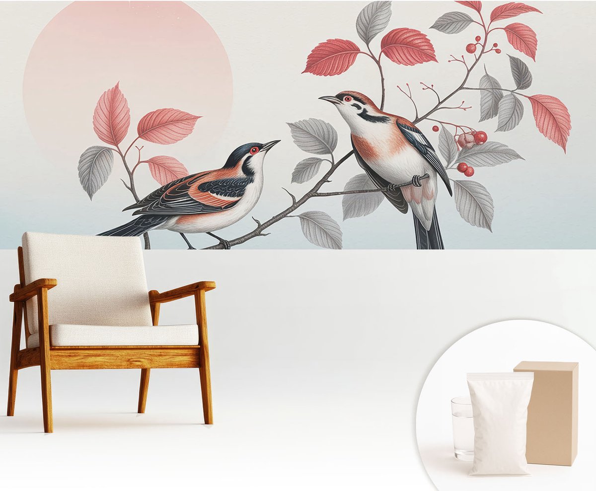 Wallfluent Fotobehang - Roze Vliesbehang - 250x104 cm - Zittende Vogels Muurschildering - Slaapkamer behang Dieren - Fotobehang Vlies - Slaapkamer behang