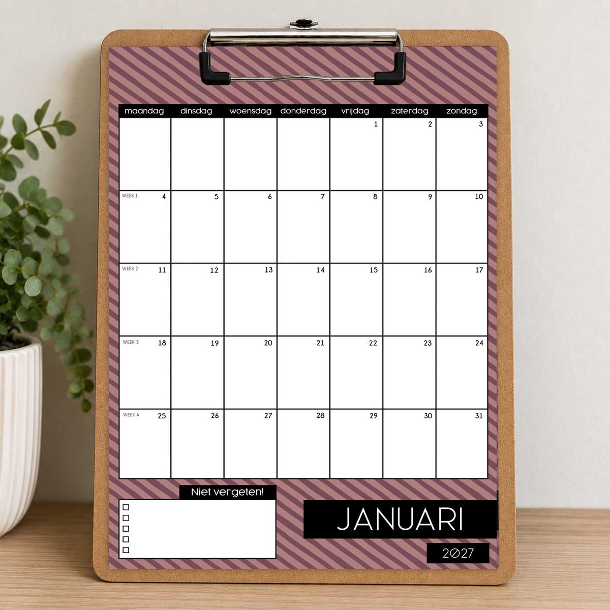 Maandkalender 2027 op Klembord – A4 – 12 Maanden – Weeknummers – Ruime Schrijfvakken – Kleur