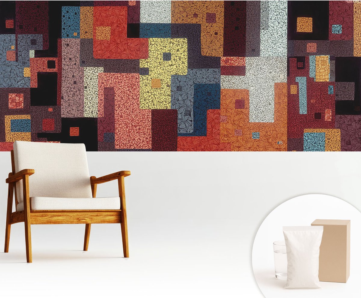 Wallfluent Fotobehang - Zwart Vliesbehang - 250x104 cm - Kleurrijke Vormen Muurschildering - Slaapkamer behang Abstractie - Fotobehang Vlies - Slaapkamer behang