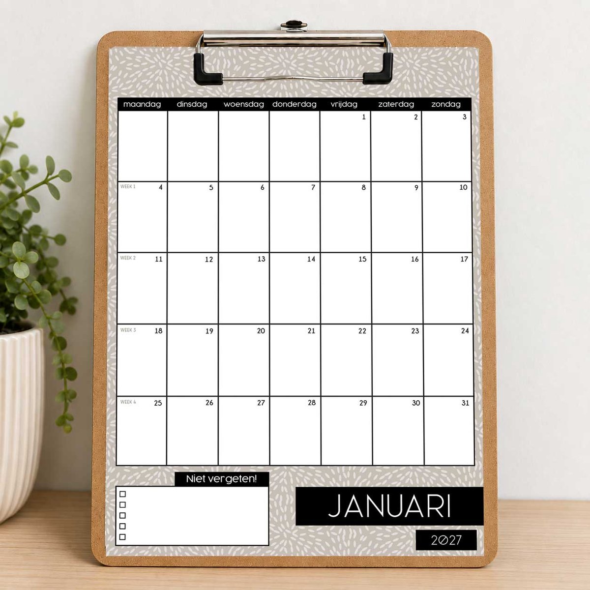 Maandkalender 2027 op Klembord – A4 – 12 Maanden – Weeknummers – Ruime Schrijfvakken – Neutraal