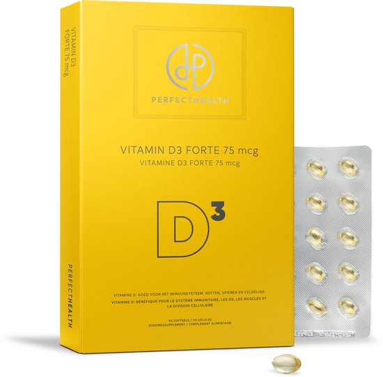 Gele verpakking met "VITAMIN D3 FORTE 75 mcg" in witte letters. Naast de doos een blisterverpakking met 10 capsules en één losse capsule.
