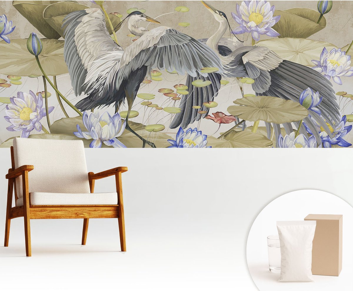 Wallfluent Fotobehang - Beige Vliesbehang - 250x104 cm - Vogels En Lelies Fotobehang Vlies - Hal behang Dieren - Muurschildering - Hal behang
