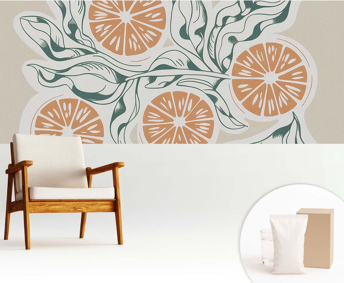 Wallfluent Fotobehang - Wit Vliesbehang - 250x104 cm - Vruchtpatronen Fotobehang Vlies - Woonkamer behang Bloemen En Planten - Muurschildering - Woonkamer behang