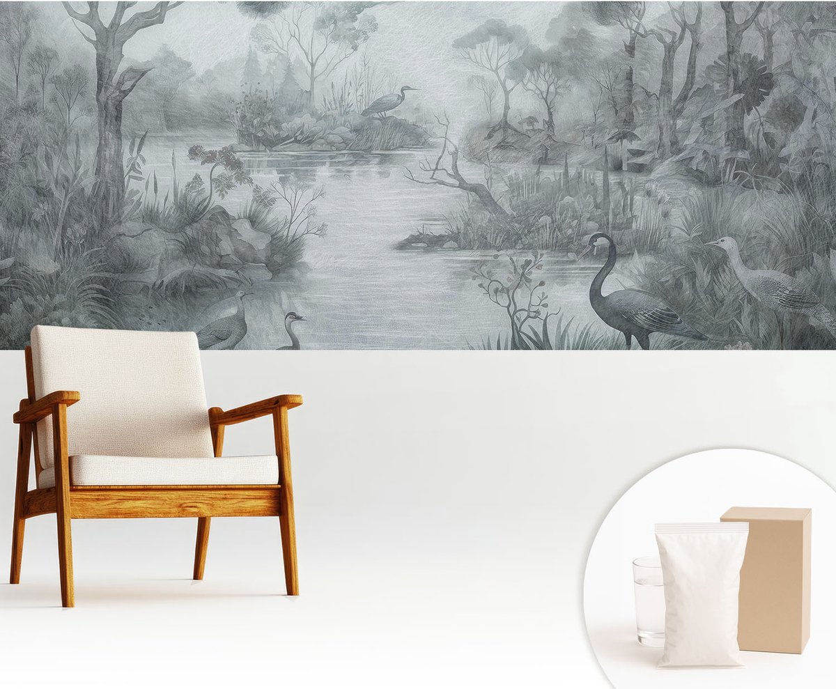 Wallfluent Fotobehang - Grijs Vliesbehang - 250x104 cm - Natuurlandschap Muurschildering - Slaapkamer behang Landschappen - Fotobehang Vlies - Slaapkamer behang