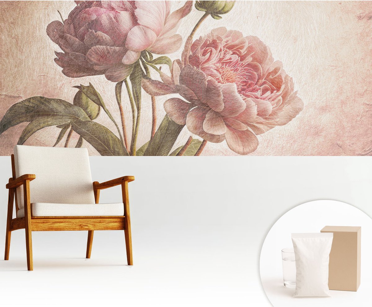 Wallfluent Fotobehang - Roze Vliesbehang - 250x104 cm - Delicate Pioenrozen Fotobehang Vlies - Hal behang Bloemen En Planten - Muurschildering - Woonkamer behang
