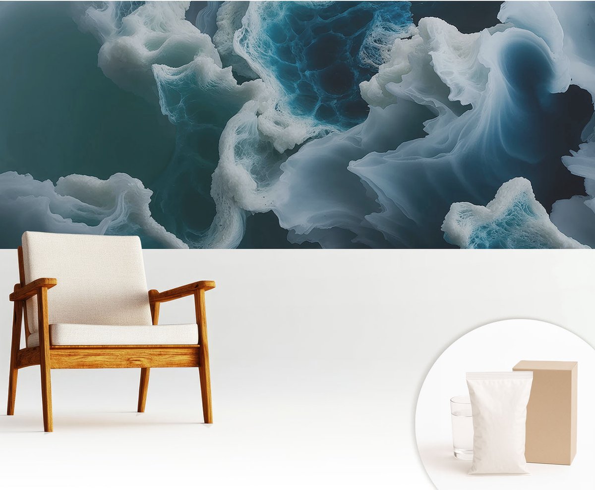 Wallfluent Fotobehang - Blauw Vliesbehang - 250x104 cm - Zeegolven Fotobehang Vlies - Hal behang Abstractie - Muurschildering - Hal behang