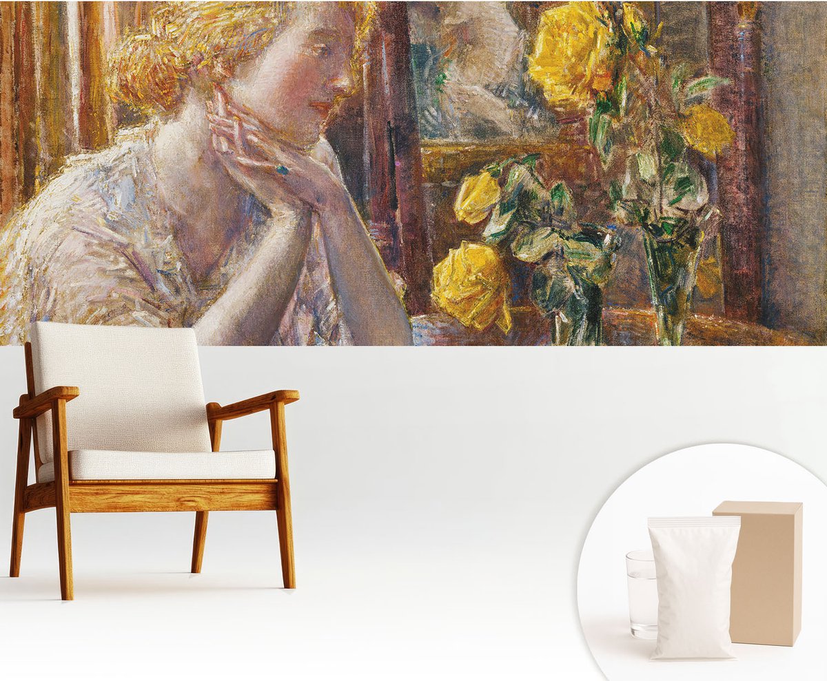 Wallfluent Fotobehang - Geel Vliesbehang - 250x104 cm - Vrouw Met Rozen Fotobehang Vlies - Woonkamer behang Deel - Muurschildering - Woonkamer behang