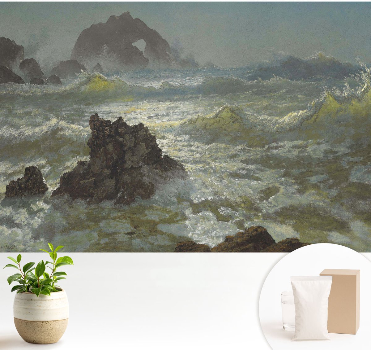 Wallfluent Fotobehang - Grijs Vliesbehang - 104x70 cm - Stormachtige Zee Fotobehang Vlies - Hal behang Landschappen - Muurschildering - Woonkamer behang