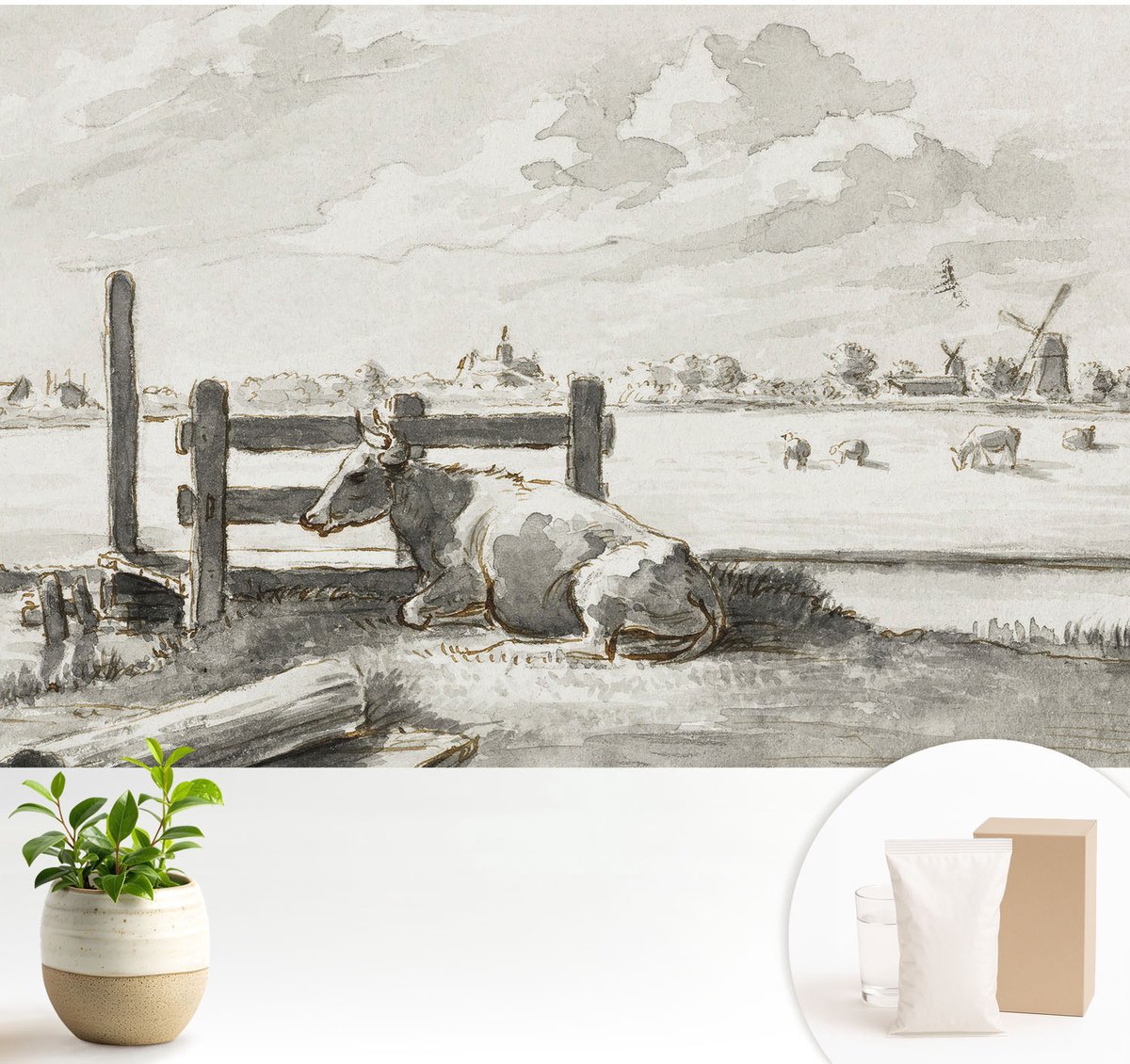 Wallfluent Fotobehang - Wit Vliesbehang - 104x70 cm - Landelijk Idyllisch Muurschildering - Gang behang Landschappen - Fotobehang Vlies - Gang behang