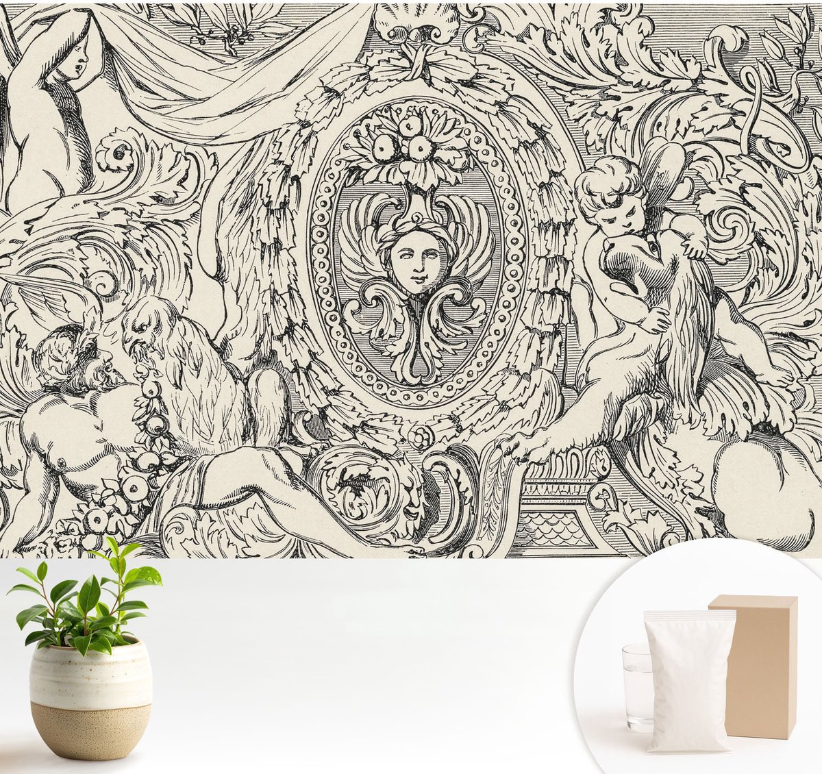 Wallfluent Fotobehang - Wit Vliesbehang - 104x70 cm - Een Overvloed Aan Ornamenten Fotobehang Vlies - Hal behang Deel - Muurschildering - Hal behang
