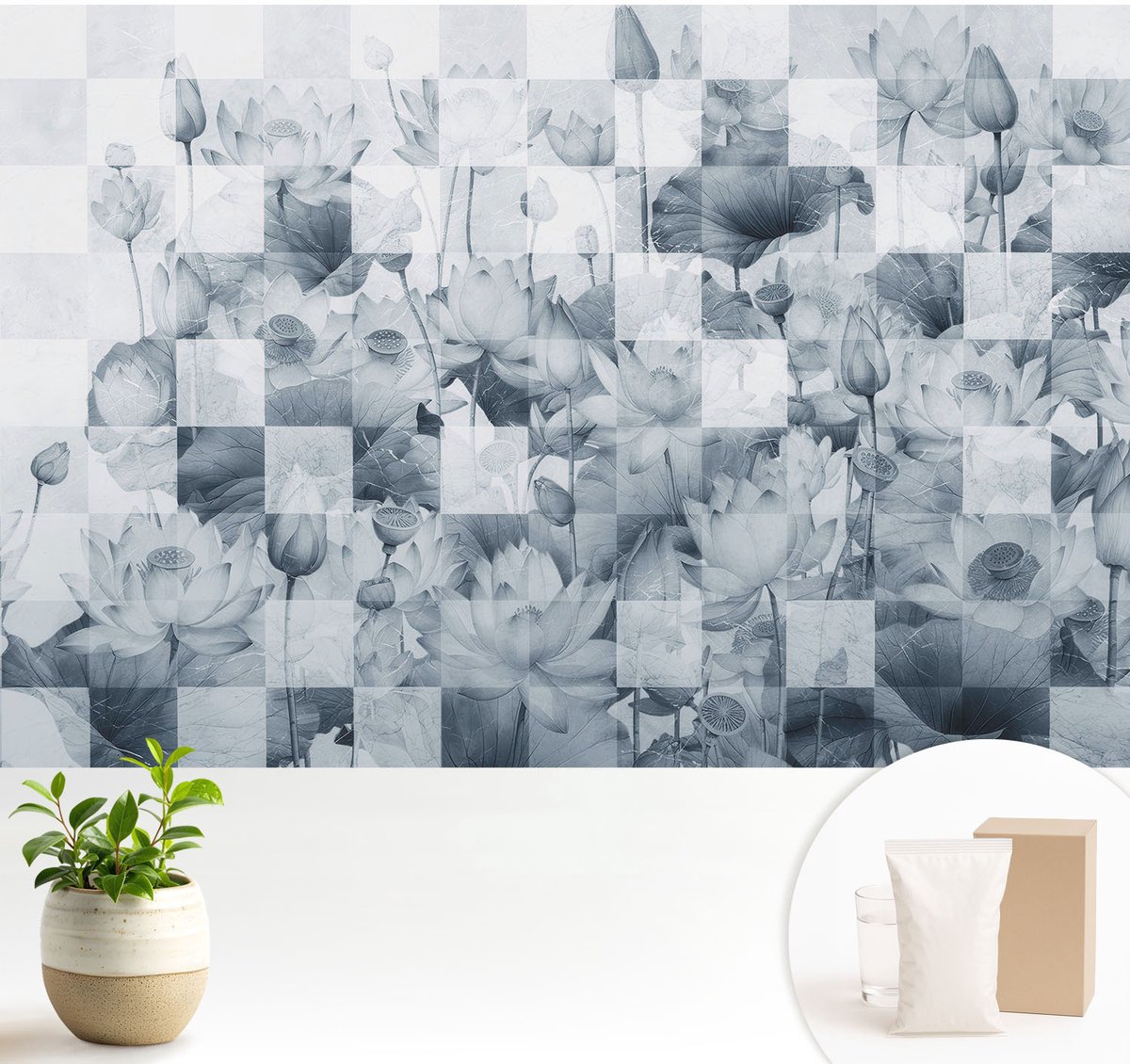 Wallfluent Fotobehang - Blauw Vliesbehang - 104x70 cm - Lotusbloemen Muurschildering - Slaapkamer behang Texturen - Fotobehang Vlies - Slaapkamer behang