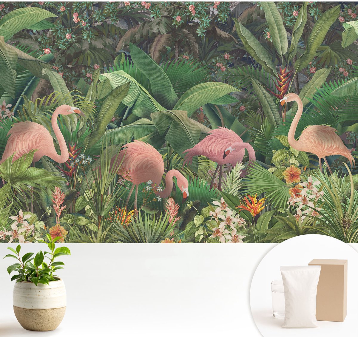 Wallfluent Fotobehang - Groente Vliesbehang - 104x70 cm - Roze Flamingo'S Fotobehang Vlies - Woonkamer behang Bloemen En Planten - Muurschildering - Hal behang