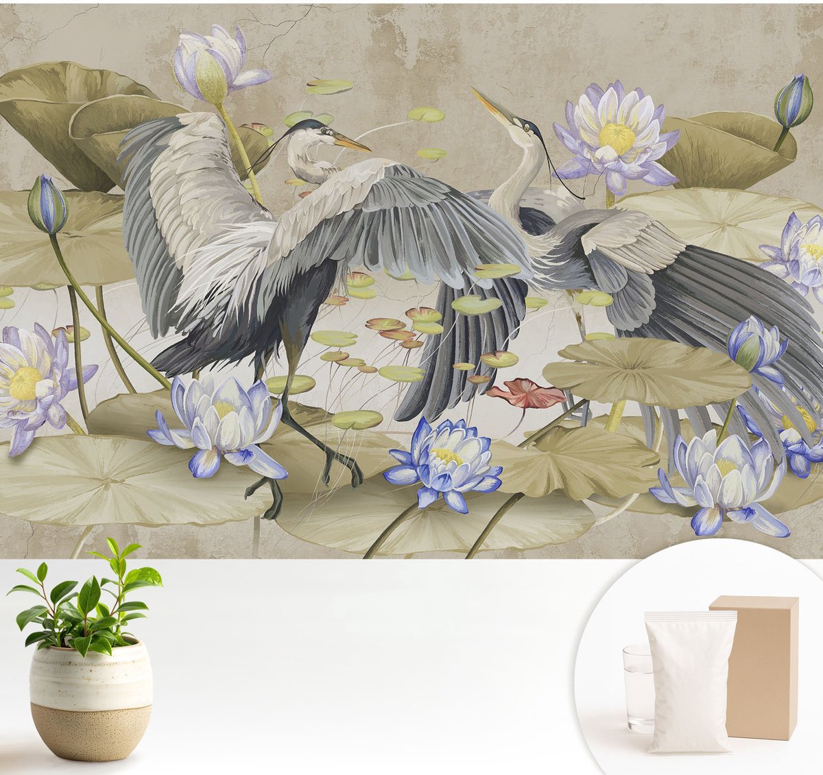 Wallfluent Fotobehang - Beige Vliesbehang - 104x70 cm - Vogels En Lelies Fotobehang Vlies - Hal behang Dieren - Muurschildering - Hal behang