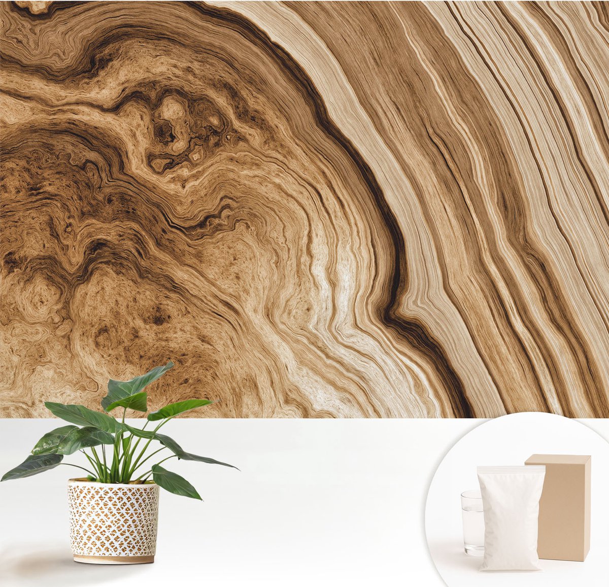 Wallfluent Fotobehang - Bruin Vliesbehang - 152x104 cm - Houten Ringen Muurschildering - Slaapkamer behang Texturen - Fotobehang Vlies - Slaapkamer behang