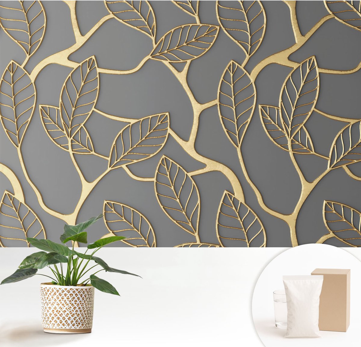 Wallfluent Fotobehang - Grijs Vliesbehang - 152x104 cm - Elegante Bladeren Muurschildering - Gang behang Bloemen En Planten - Fotobehang Vlies - Slaapkamer behang