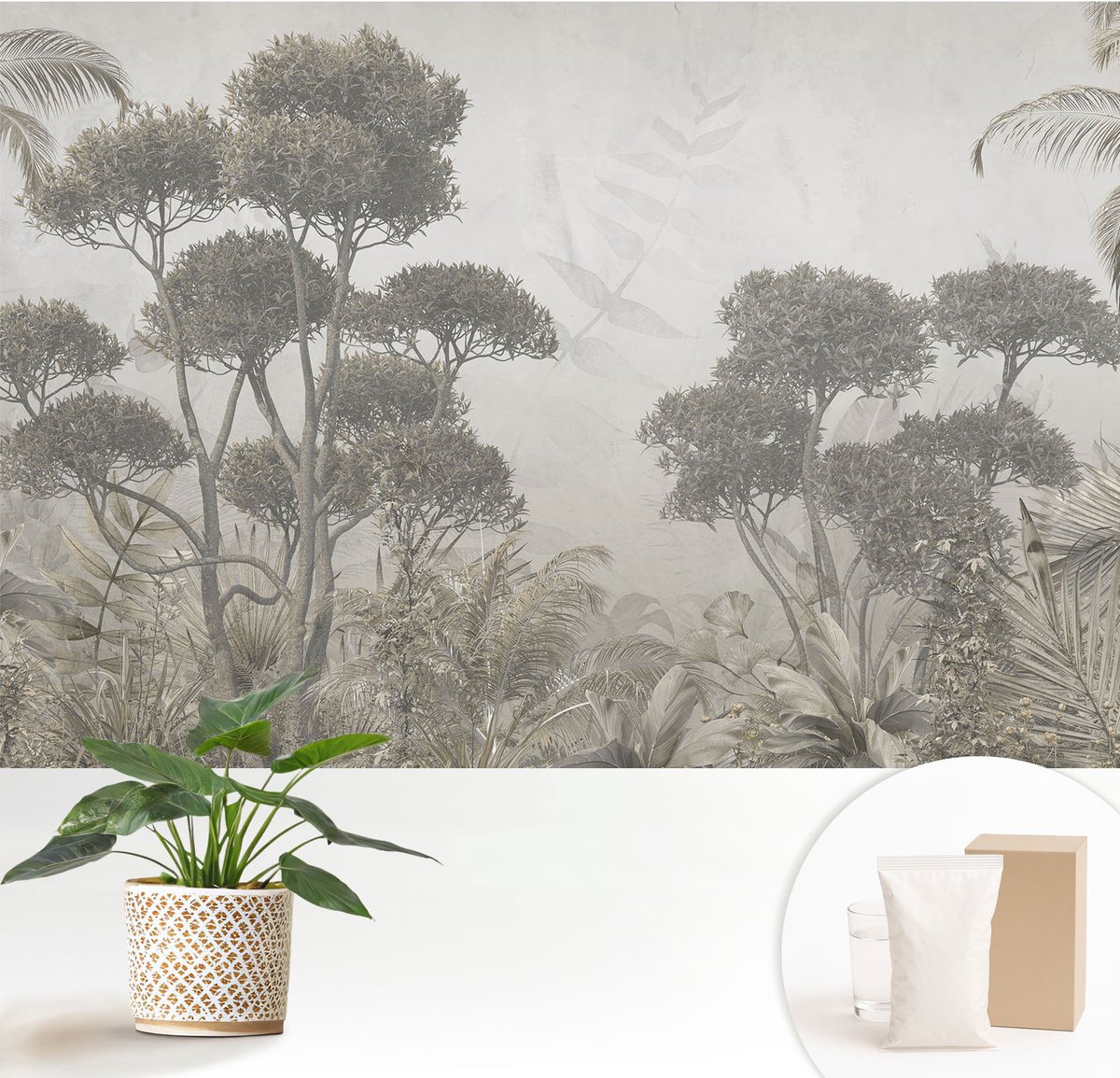 Wallfluent Fotobehang - Wit Vliesbehang - 152x104 cm - Tropische Jungle Muurschildering - Gang behang Bloemen En Planten - Fotobehang Vlies - Slaapkamer behang
