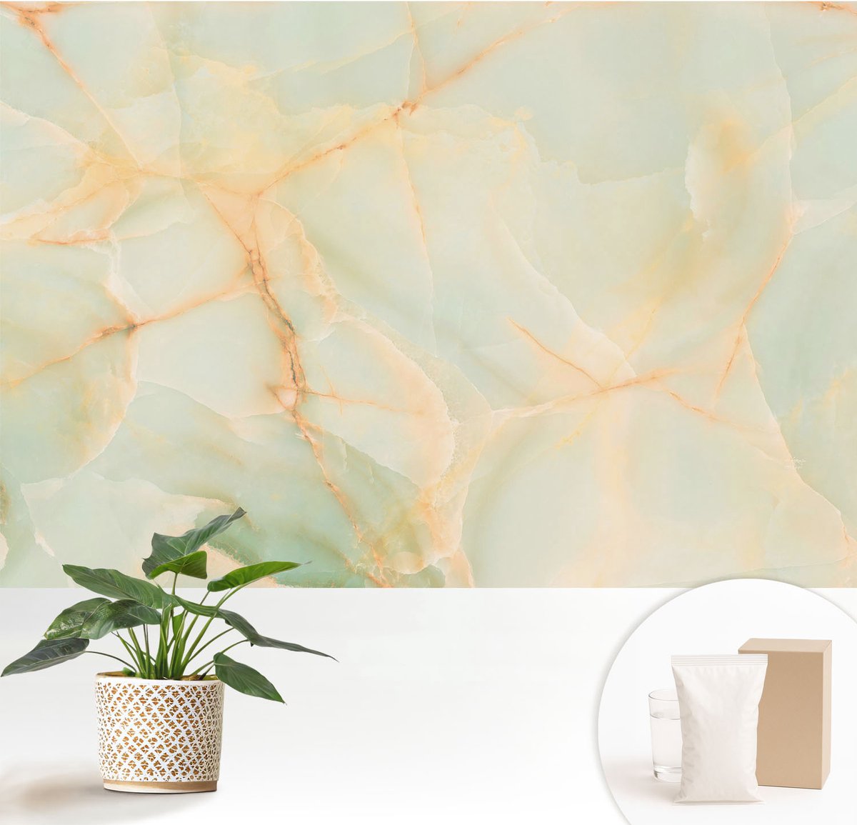 Wallfluent Fotobehang - Oranje Vliesbehang - 152x104 cm - Marmeren Elegantie Muurschildering - Gang behang Abstractie - Fotobehang Vlies - Slaapkamer behang