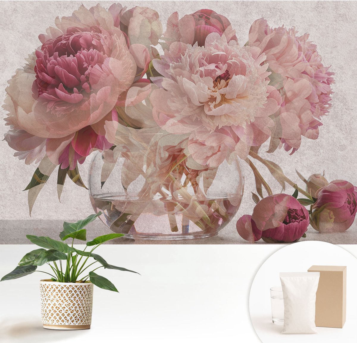 Wallfluent Fotobehang - Roze Vliesbehang - 152x104 cm - Pioenroos Charme Fotobehang Vlies - Hal behang Bloemen En Planten - Muurschildering - Woonkamer behang