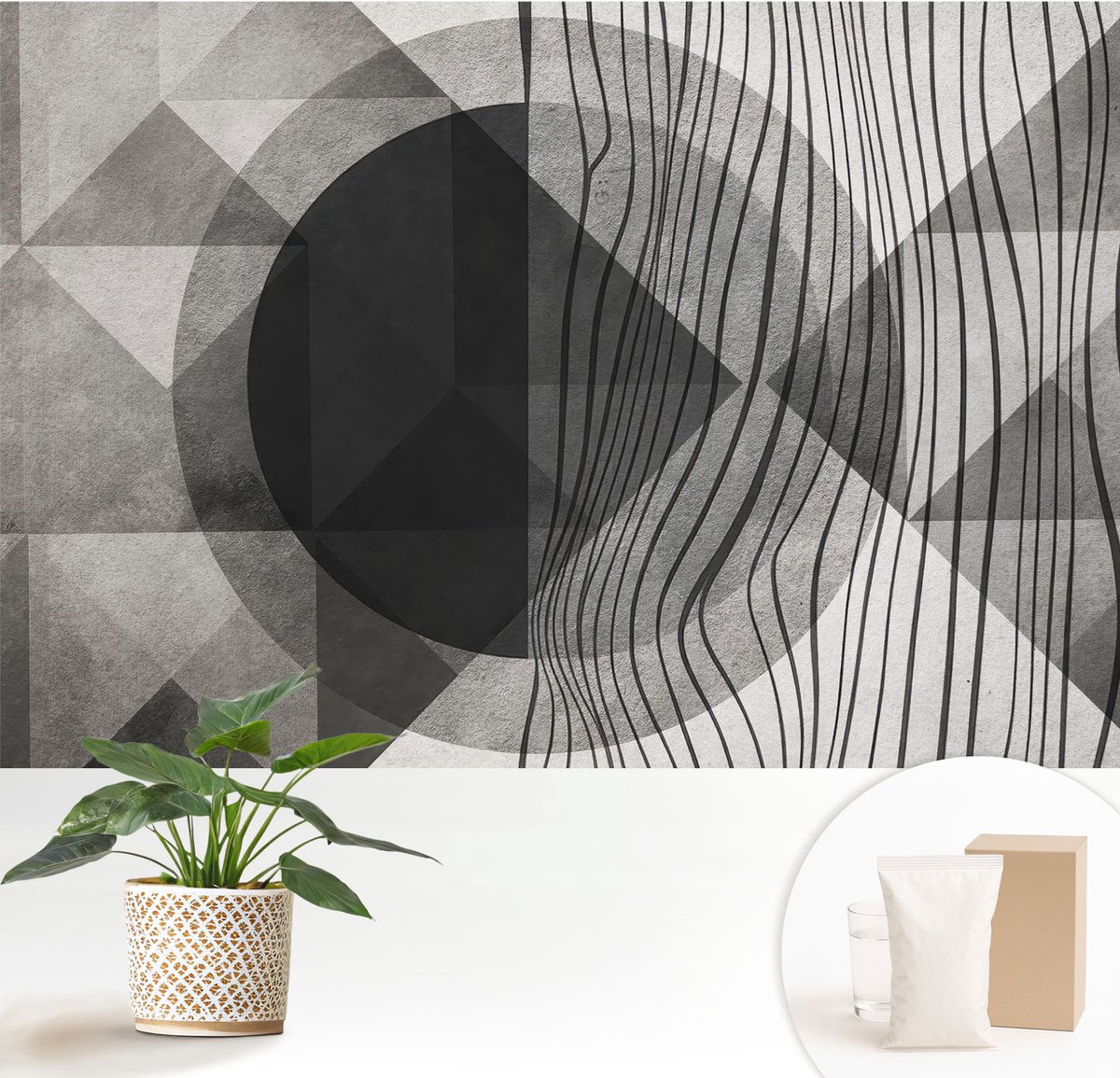 Wallfluent Fotobehang - Zwart-Wit Vliesbehang - 152x104 cm - Abstracte Vormen Fotobehang Vlies - Hal behang Abstractie - Muurschildering - Woonkamer behang