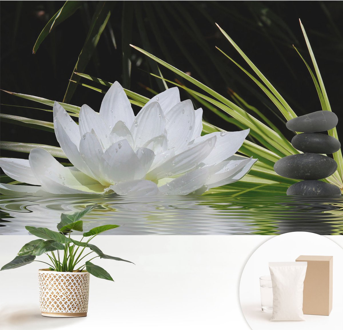 Wallfluent Fotobehang - Wit Vliesbehang - 152x104 cm - Lelie-Meditatie Fotobehang Vlies - Hal behang Bloemen En Planten - Muurschildering - Hal behang