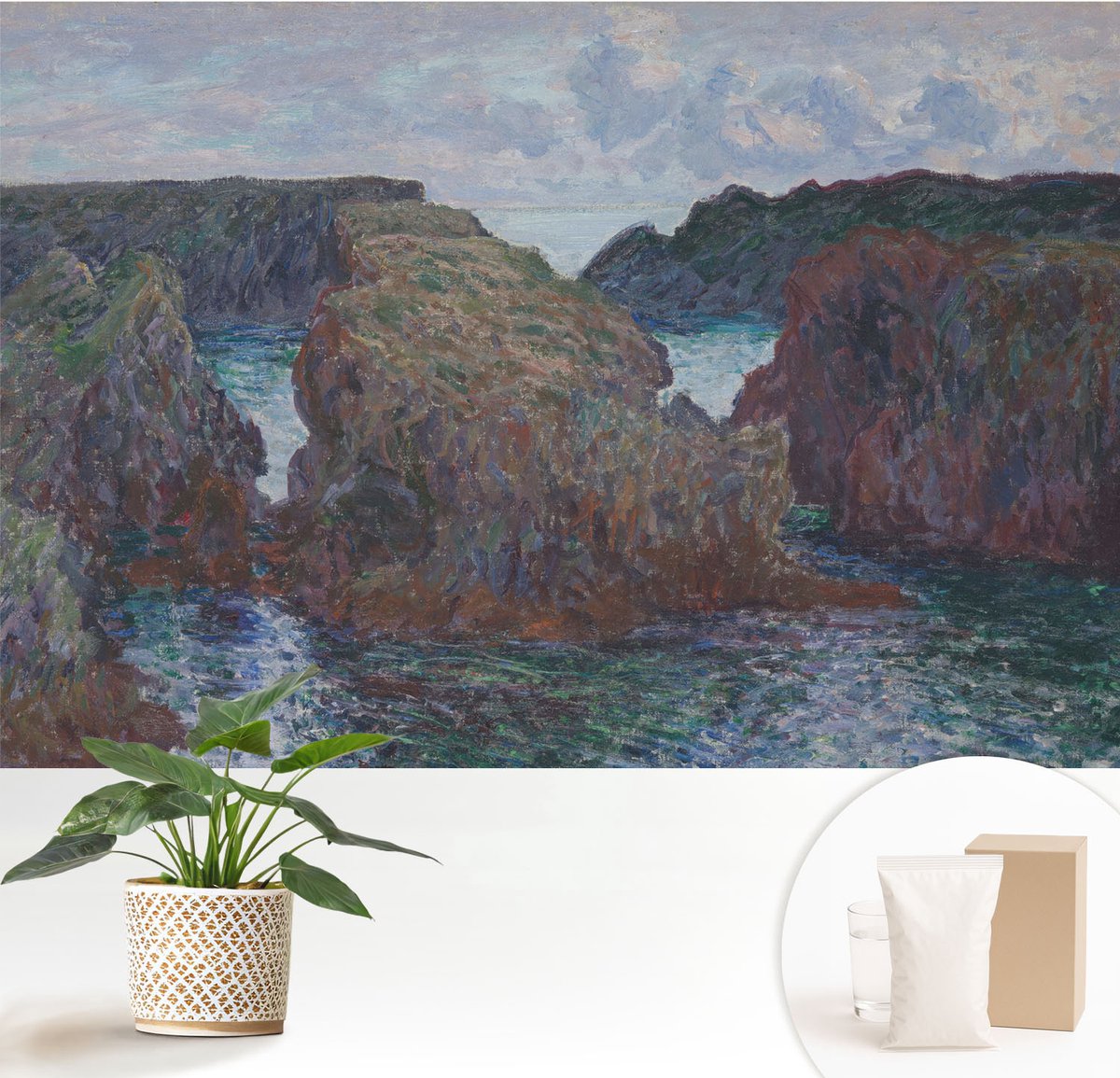 Wallfluent Fotobehang - Blauw Vliesbehang - 152x104 cm - Rotsachtige Kust Muurschildering - Slaapkamer behang Landschappen - Fotobehang Vlies - Slaapkamer behang