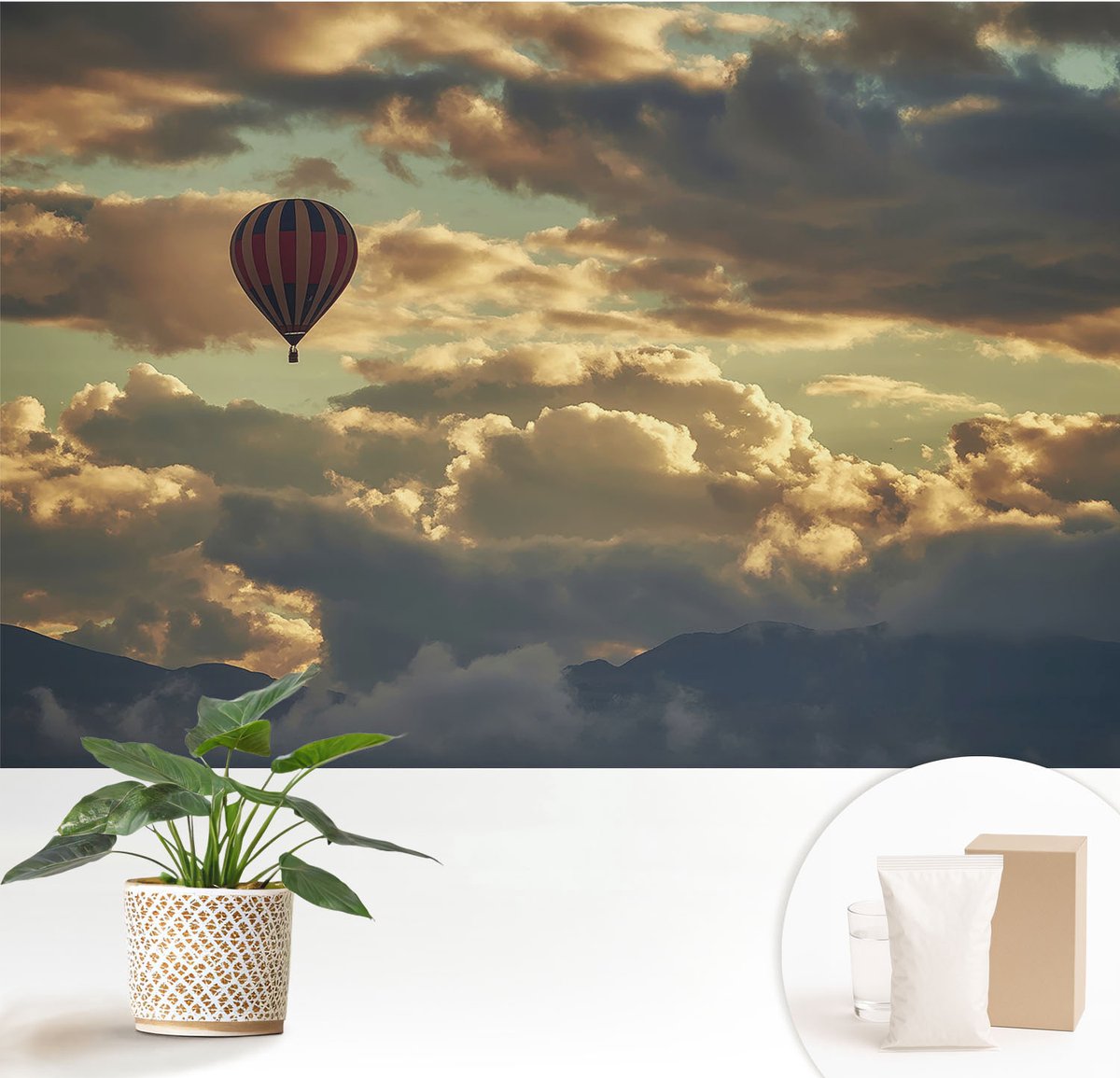 Wallfluent Fotobehang - Grijs Vliesbehang - 152x104 cm - Ballon In De Wolken Muurschildering - Slaapkamer behang Landschappen - Fotobehang Vlies - Gang behang