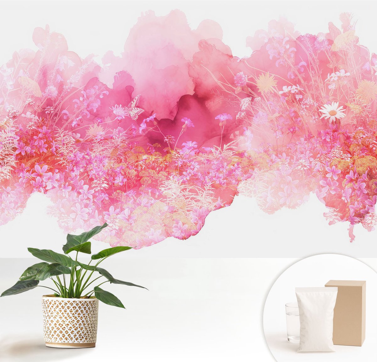 Wallfluent Fotobehang - Roze Vliesbehang - 152x104 cm - Bloemenpatroon Fotobehang Vlies - Hal behang Bloemen En Planten - Muurschildering - Hal behang
