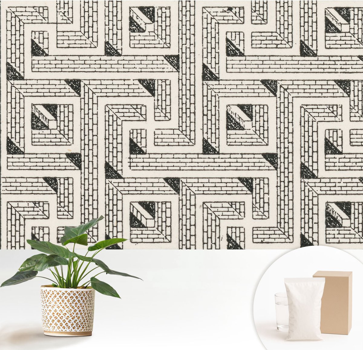 Wallfluent Fotobehang - Zwart-Wit Vliesbehang - 152x104 cm - Bakstenen Doolhof Muurschildering - Slaapkamer behang Geometrie - Fotobehang Vlies - Gang behang