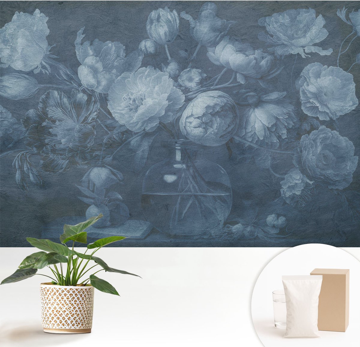 Wallfluent Fotobehang - Blauw Vliesbehang - 152x104 cm - Bloemarrangement Muurschildering - Gang behang Bloemen En Planten - Fotobehang Vlies - Slaapkamer behang