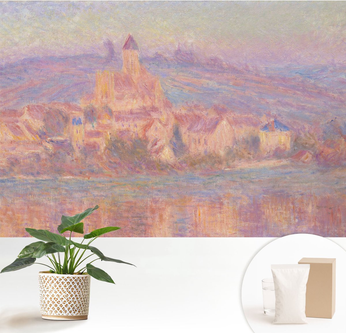 Wallfluent Fotobehang - Paars Vliesbehang - 152x104 cm - Een Charmant Stadje Muurschildering - Slaapkamer behang Landschappen - Fotobehang Vlies - Gang behang