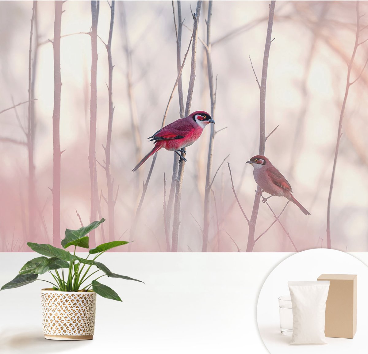 Wallfluent Fotobehang - Roze Vliesbehang - 152x104 cm - Vogelpaar Muurschildering - Slaapkamer behang Dieren - Fotobehang Vlies - Gang behang