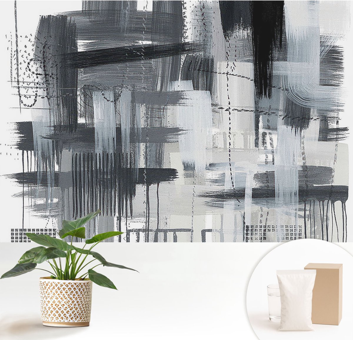 Wallfluent Fotobehang - Zwart Vliesbehang - 152x104 cm - Moderne Kunst Fotobehang Vlies - Woonkamer behang Abstractie - Muurschildering - Hal behang