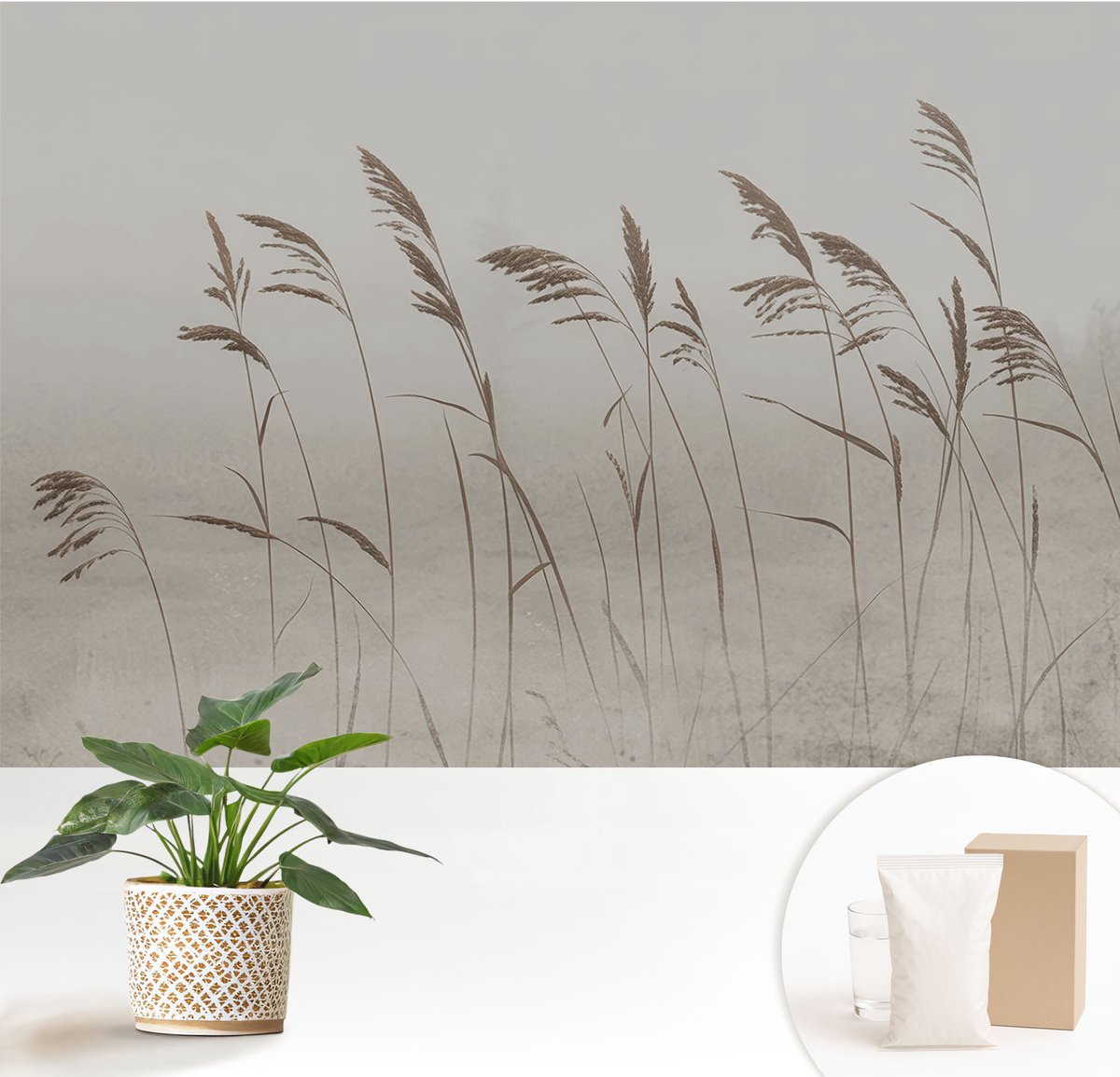 Wallfluent Fotobehang - Grijs Vliesbehang - 152x104 cm - Grassen In De Mist Fotobehang Vlies - Woonkamer behang Bloemen En Planten - Muurschildering - Woonkamer behang