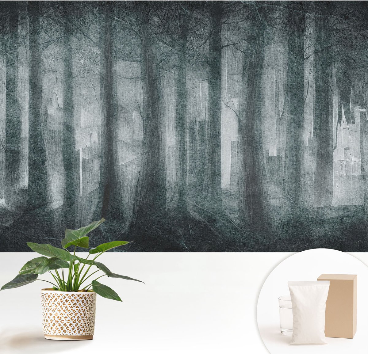 Wallfluent Fotobehang - Grijs Vliesbehang - 152x104 cm - Mysterieus Bos Fotobehang Vlies - Woonkamer behang Landschappen - Muurschildering - Woonkamer behang