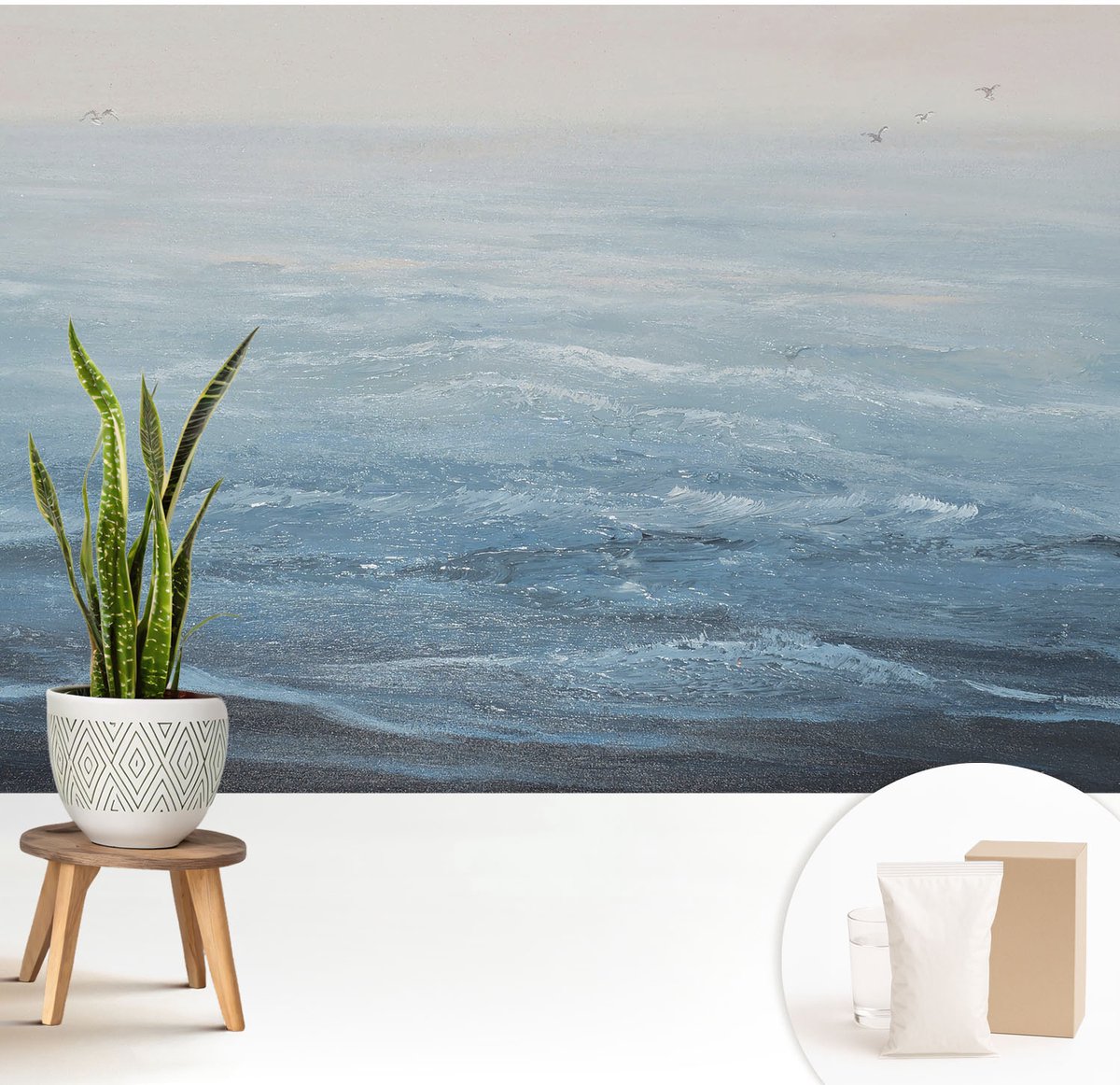 Wallfluent Fotobehang - Blauw Vliesbehang - 208x146 cm - De Zee Is Kalm. Muurschildering - Gang behang Landschappen - Fotobehang Vlies - Slaapkamer behang
