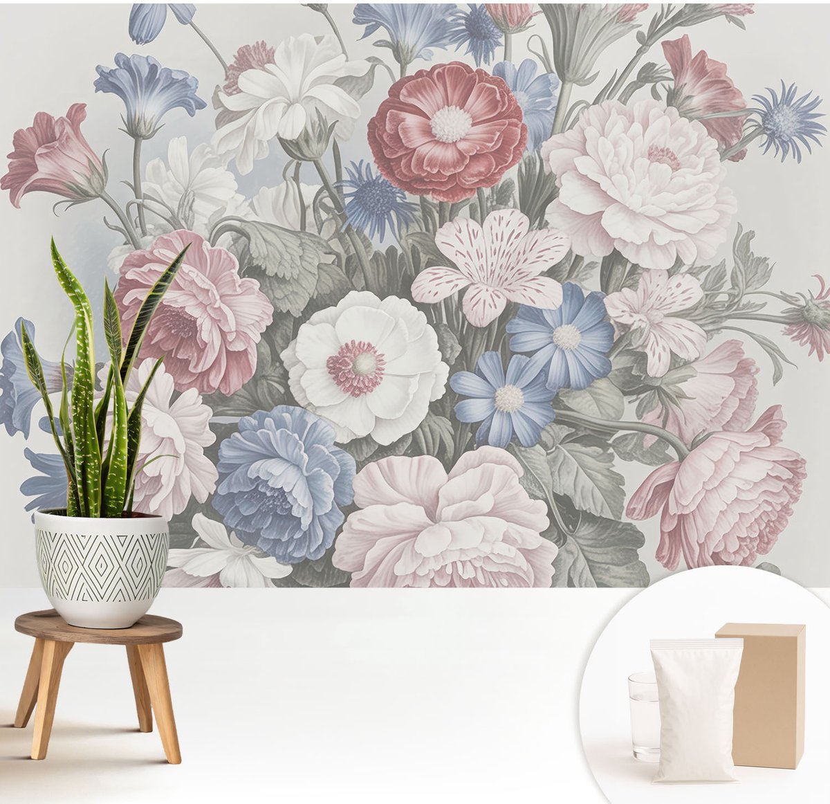 Wallfluent Fotobehang - Wit Vliesbehang - 208x146 cm - Kleurrijk Boeket Muurschildering - Gang behang Bloemen En Planten - Fotobehang Vlies - Slaapkamer behang