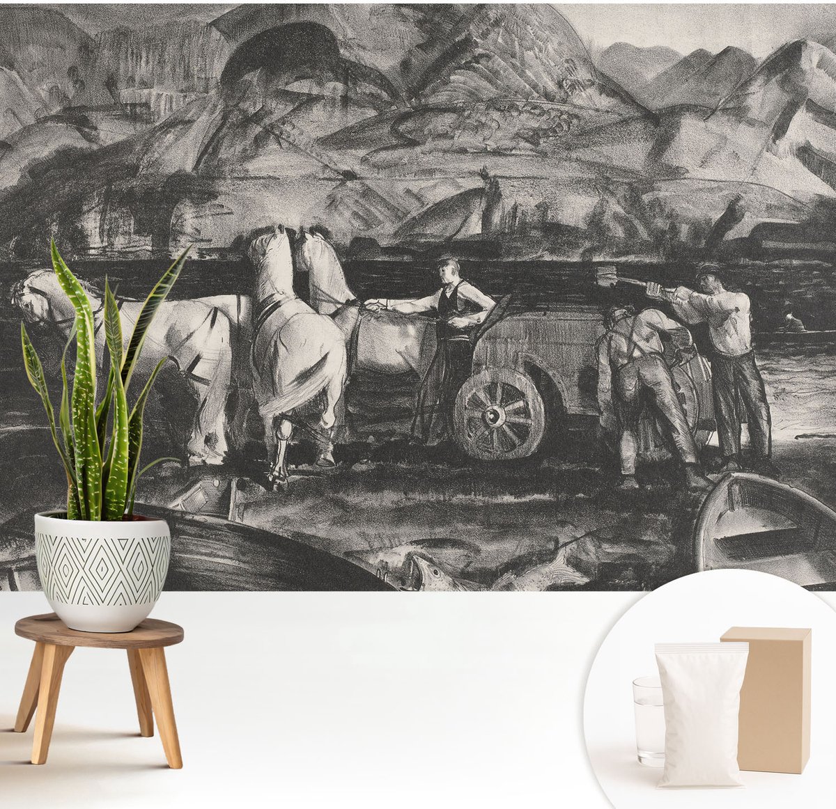 Wallfluent Fotobehang - Zwart-Wit Vliesbehang - 208x146 cm - Dorpsscène Muurschildering - Slaapkamer behang Mensen - Fotobehang Vlies - Slaapkamer behang