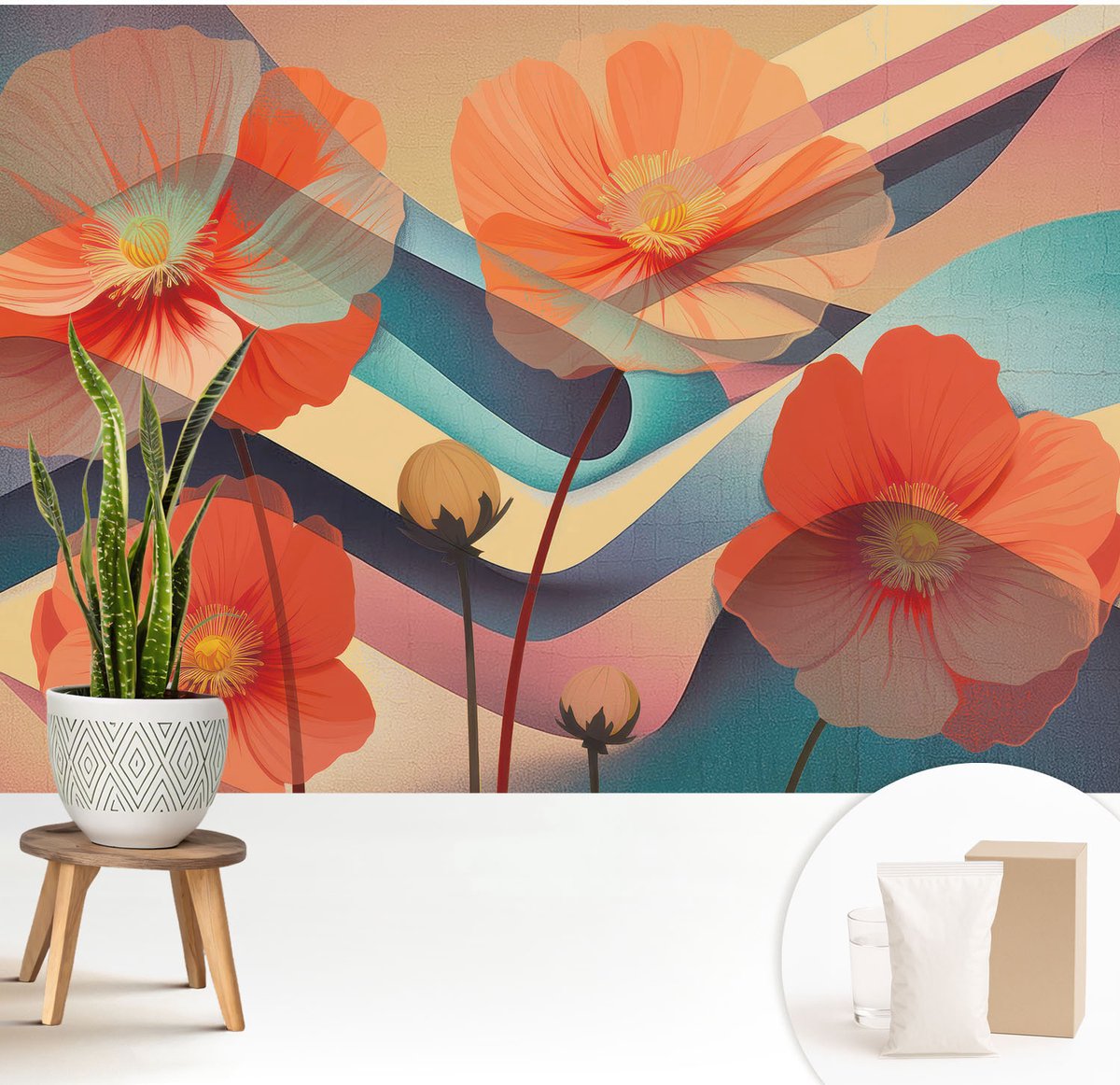 Wallfluent Fotobehang - Oranje Vliesbehang - 208x146 cm - Bloemen Van De Zintuigen Muurschildering - Slaapkamer behang Bloemen En Planten - Fotobehang Vlies - Slaapkamer behang