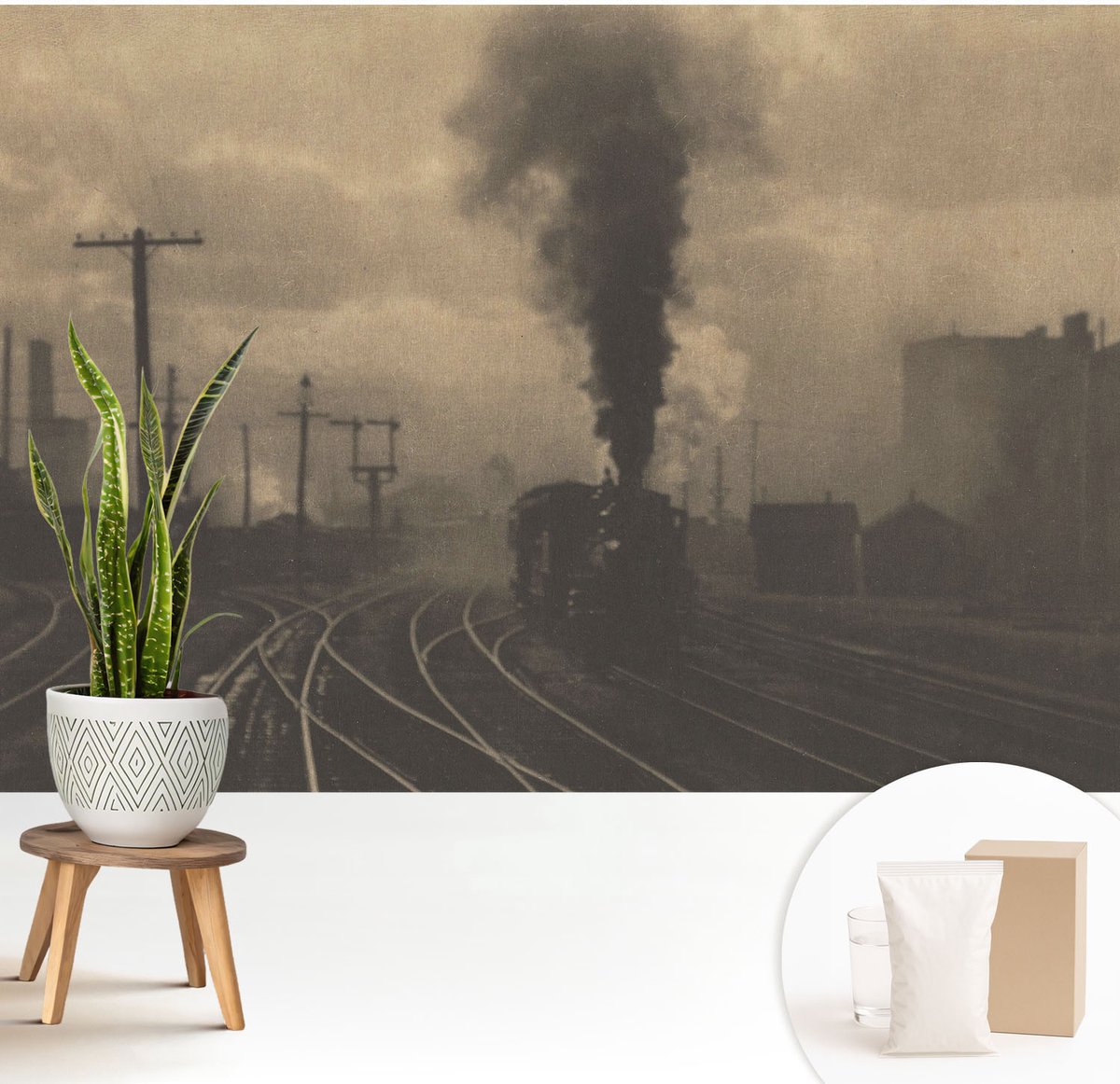 Wallfluent Fotobehang - Geel Vliesbehang - 208x146 cm - Industrielandschap Muurschildering - Slaapkamer behang Architectuur - Fotobehang Vlies - Slaapkamer behang
