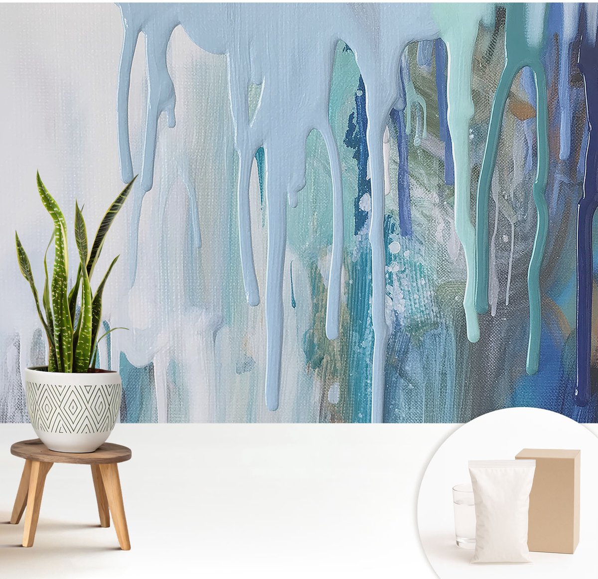 Wallfluent Fotobehang - Wit Vliesbehang - 208x146 cm - Blauwe Watervallen Muurschildering - Gang behang Abstractie - Fotobehang Vlies - Gang behang